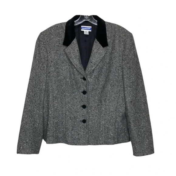Vintage PENDLETON Black & Gray Wool Tweed Blazer Velvet Collar & Buttons 10P - Picture 2 of 8